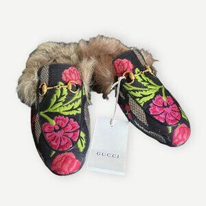 NWT Gucci Princetown Fur Loafers 36 Black Pink Floral Brocade Mules Slides NEW
